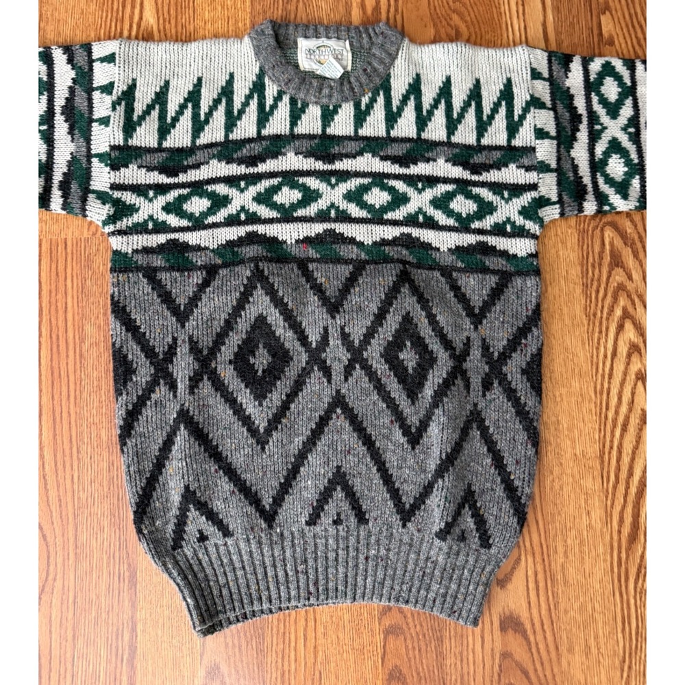 Vintage 90s Northwest Territory Sweater M Geometric Wool Blend Gray Green